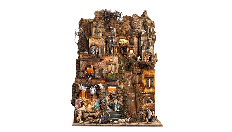 Borgo presepe natività Napoli mod. B 120X100X100 cm, 7 mov, 34 past, ruscello luminoso - 14 cm