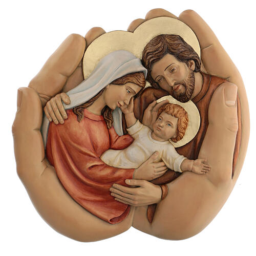 sacra famiglia nelle mani legno e colori a olio 40x40x5 cm mato grosso