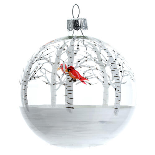 pallina bosco innevato uccellini rossi vetro soffiato 80 mm 6 pz