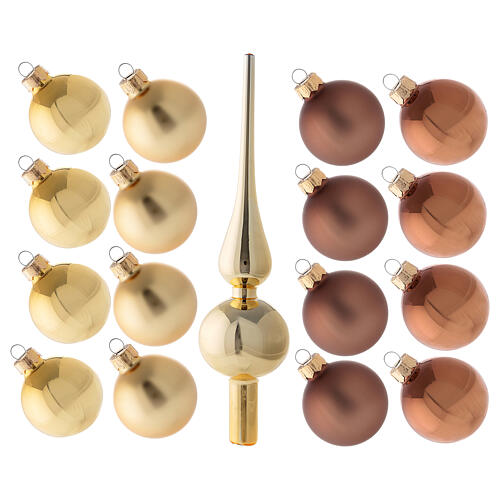 set 16 palline 50 mm albero natale oro marrone puntale oro vetro soffiato