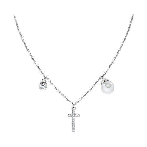 collana croce perla zirconi amen argento 925 fin. rodio