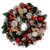 corona avvento pigne bianche foglie sfere rosse 35 cm