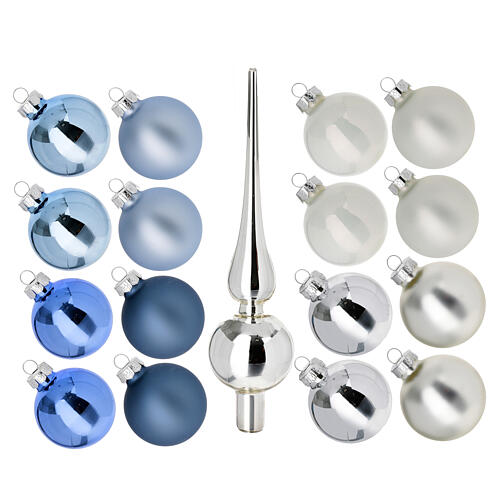 set albero natale argento blu puntale 16 palline vetro soffiato 50 mm