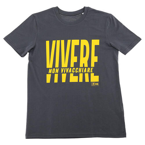 t-shirt antracite cotone bio stampa gialla vivere non vivacchiare piergiorgio frassati