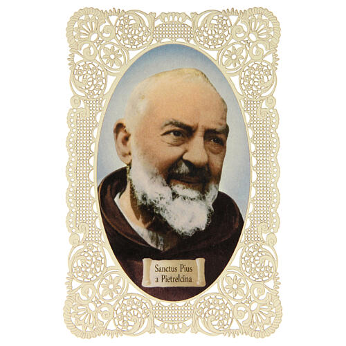 santino di san pio da pietrelcina decoro merlettato 11x7 cm