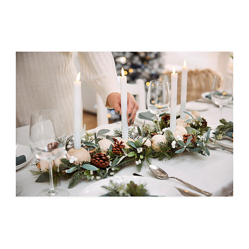 portacandele con 4 candele led 2 cm bianco caldo sfere legno 10x80x20cm