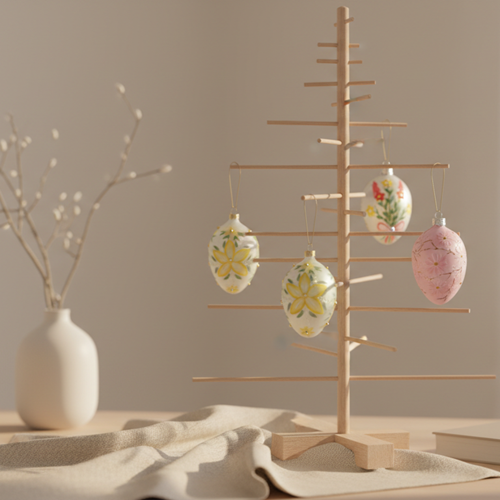 albero di pasqua base legno decori in vetro