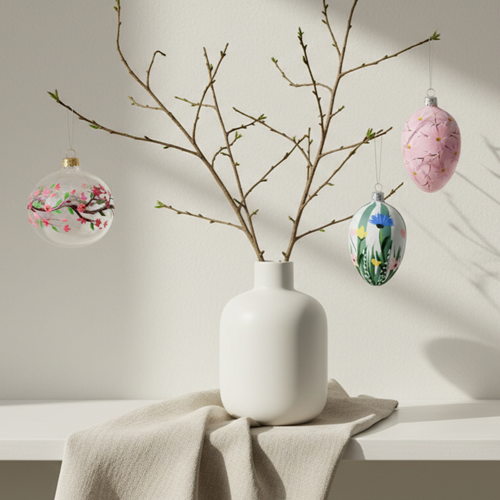 albero di pasqua con rami e decori in vetro