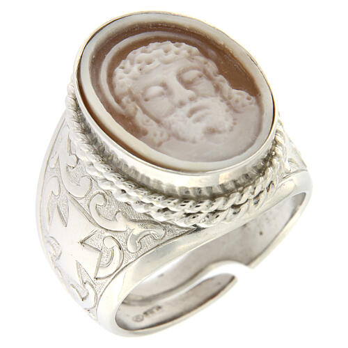anello argento 925 decori croce cammeo gesù regolabile