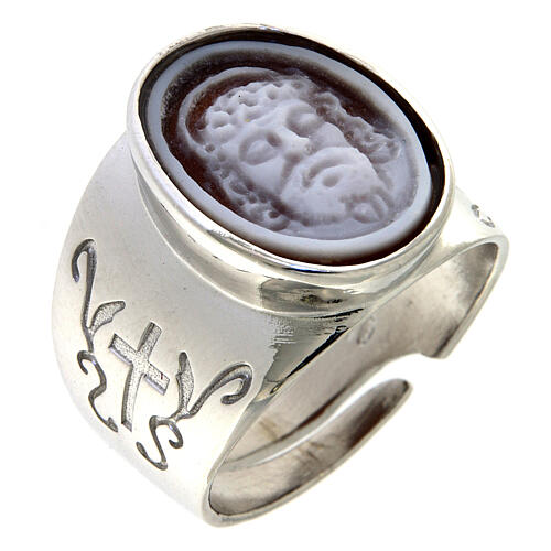 anello argento 925 decoro croce cammeo gesù rodiato regolabile